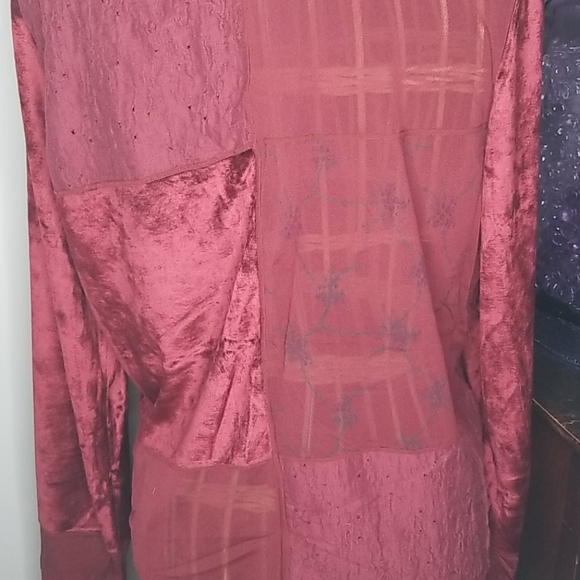 J. Jill Large Maroon Red Velvet Lace Sheer Patchwork Button Down Long Sleeve Top - Picture 5 of 12